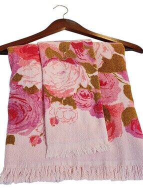 Vintage Monticello Cannon Pink Roses Floral Fringe Bath Towel Set All Cotton 60s